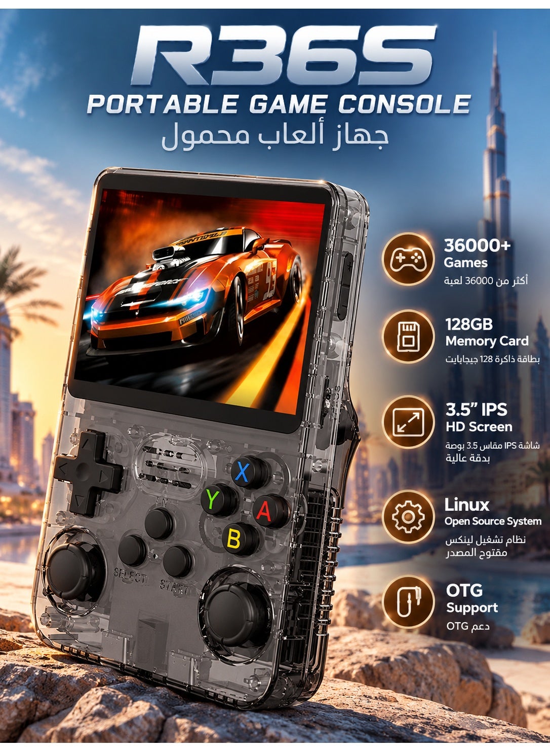 Compare R36S Portable Handheld Game Console, 3.5 Inch IPS HD Screen, 128GB Memory Card, 36000+ Builtin Games, Linux Open Source System, OTG Support, Retro Pocket Gaming Console for Kids & Adults, Transparent Black at KSA Price