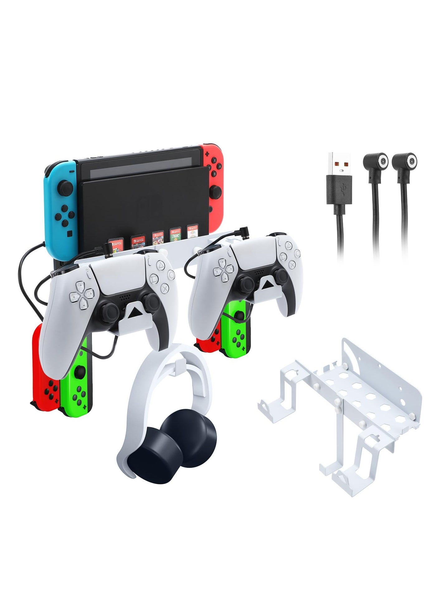 Compare Wall Mount for Nintendo Switch and Switch OLED, Metal Wall Mount Kit Switch Stand Accessories with Dual Controller Holder Headphone Hanger 2in1 Charge Cable 5 Game Card Slots 4 JoyCon Hooks at KSA Price
