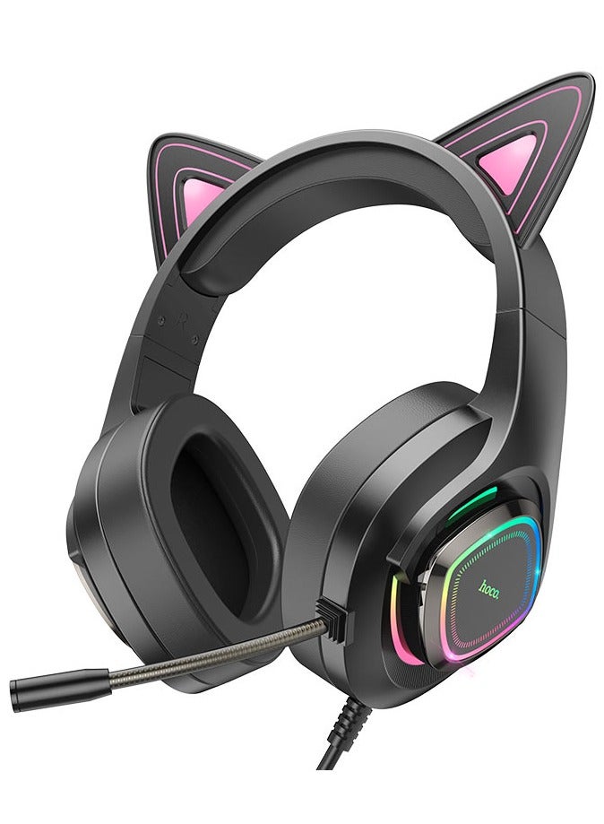 Compare Headphones W107 Cute Cat – Wired Gaming  | 3.5mm + USBA | LED Cat Ear Design | Long Microphone | Leather Earmuffs at KSA Price