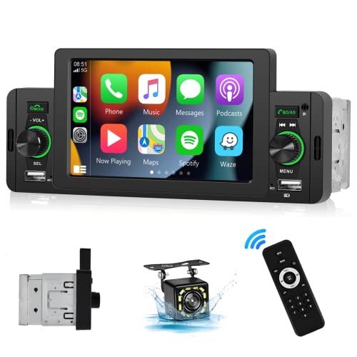 Compare Carplay Single Din Radio 5 Inch Touch Screen Car Stereo with Car Play Android Auto, Bluetooth 5.1, HD Backup Camera, Mirror Link, Siri Voice Control, USB, FM, SWC, Dual Mic, Remote Control at KSA Price