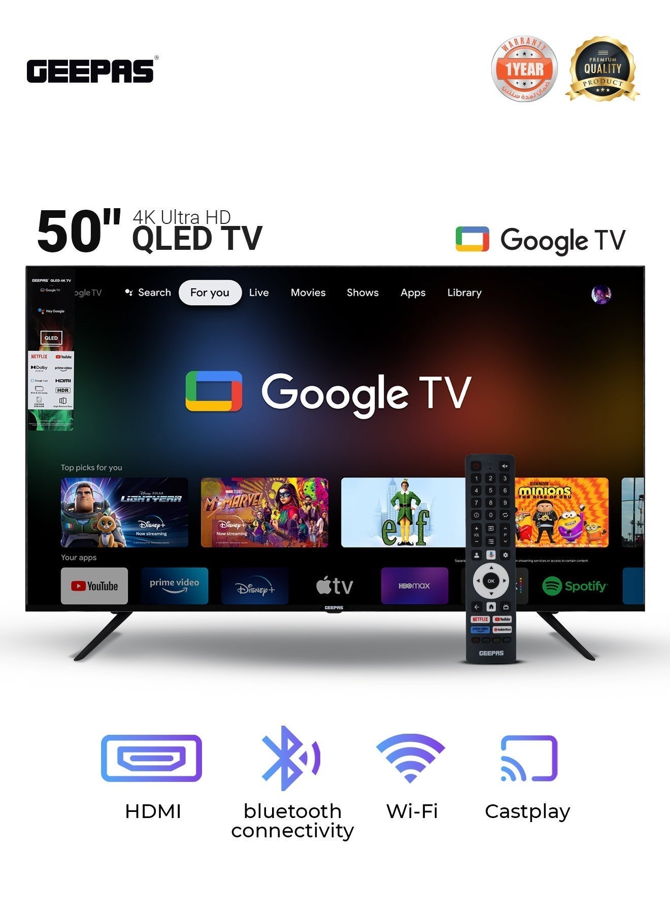 Compare Geepas 50 4K Ultra HD QLED Google TV | Sharp Picture with Sleek Design, with Builtin Apps |Dolby Audio, HDMI & USB Connectivity, Voice Remote with Google Cast | GLED5045GTQLD at KSA Price