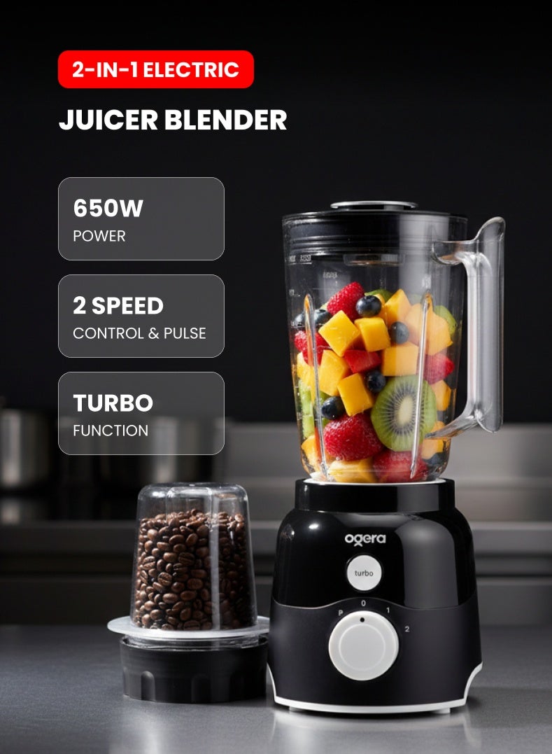 Compare 2?in?1 Electric Juicer & Blender 650W, Unbreakable Liquid Jar, Smoothie & Juice Maker, High?Power Motor, Compact Countertop Design, Easy?Clean Kitchen Appliance, OG5104BR BlackSilver 2 year warranty at KSA Price
