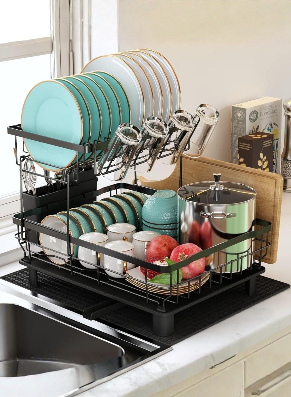 Compare Dish Drainer Rack, 2 Tier Dish Drainer with Drip Tray and Drainer Mat, Stainless Steel Dish Rack with Utensil Holder, Swivel Spout, Draining Board for Kitchen Counter, Black at KSA Price