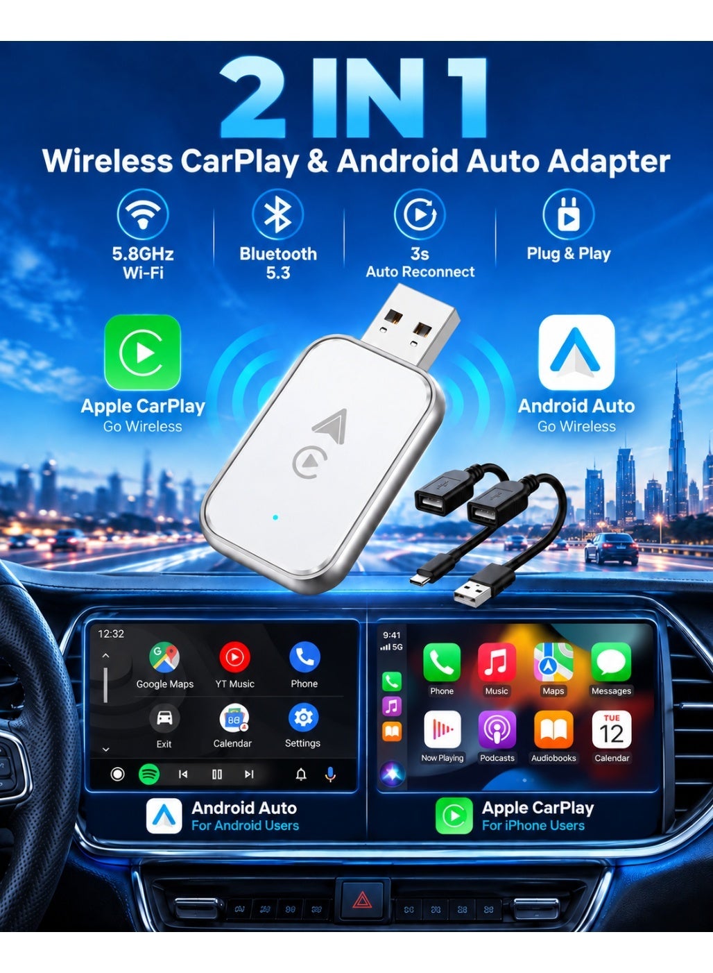 Compare 2in1 Wireless CarPlay and Android Auto Adapter, Wired to Wireless, 5.8 GHz WiFi, Bluetooth 5.3, Fast Auto Reconnection, Plug and Play at KSA Price