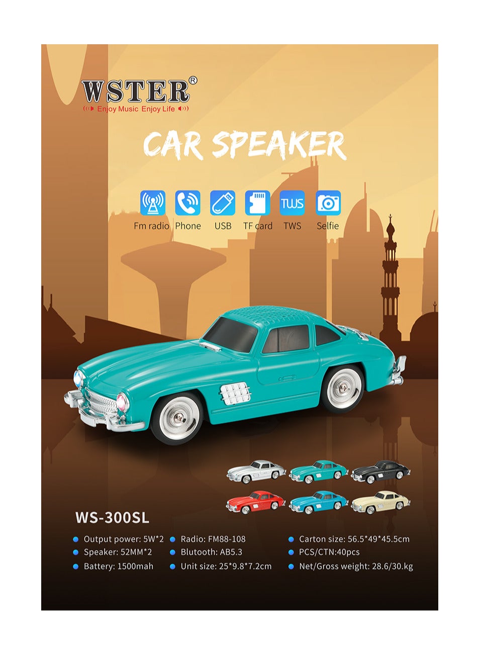 Compare WS300SL New Classic 300SL Car Shaped Stereo Bluetooth Speaker with TF USB FM AUX Handsfree TWS LED Display LED Light Multicolor at KSA Price
