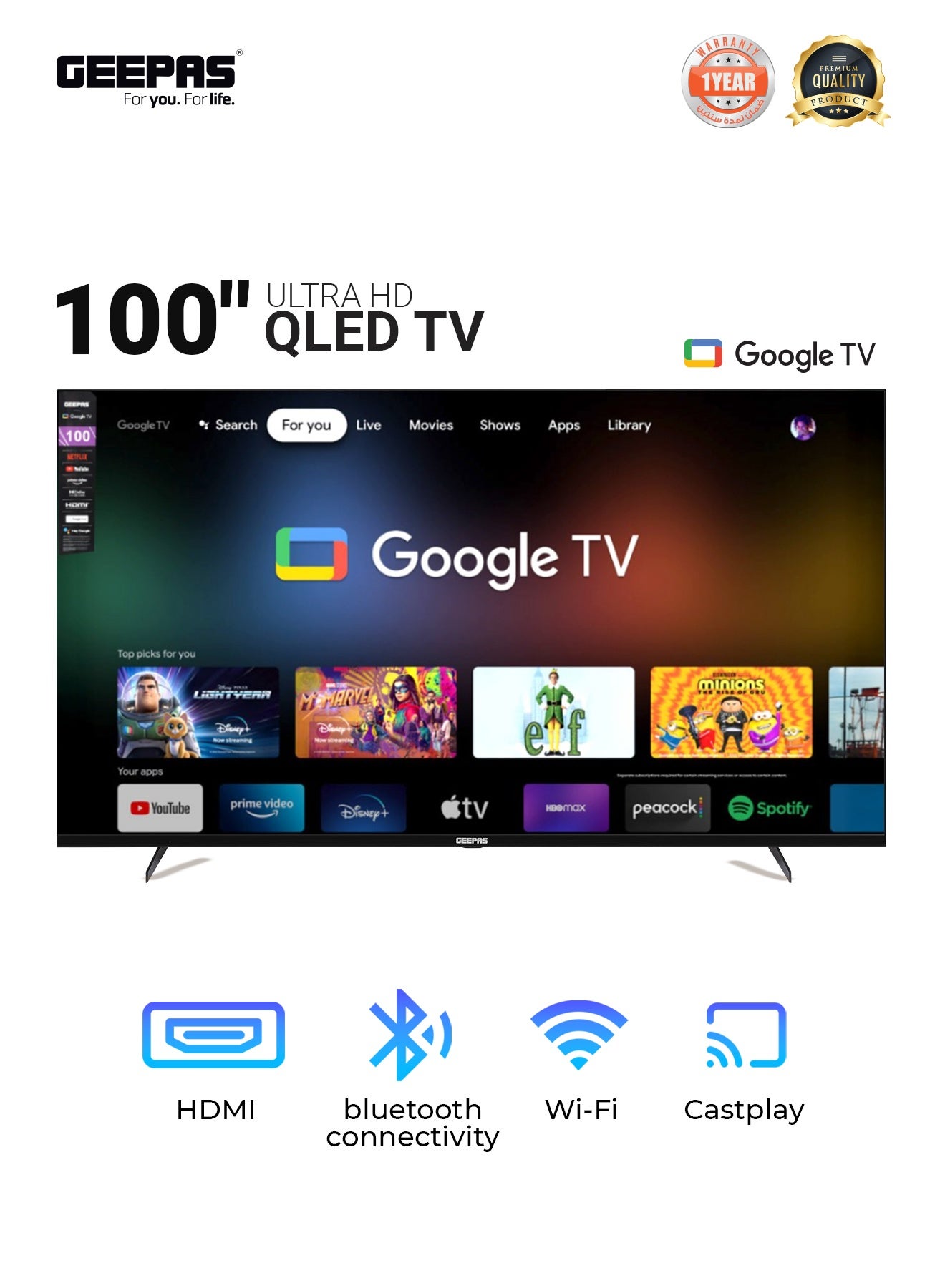 Compare 100 Ultra HD QLED TV with Remote Control | HDMI and USB Ports, Google TV, Dolby | Preinstalled Apps | GLED1007SGQLD Black at KSA Price