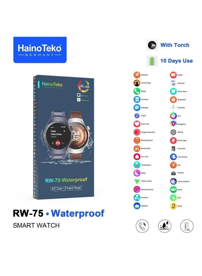 Compare RW75 Waterproof Smartwatch – Curved AMOLED Display, Bluetooth Calling, Fitness & Health Tracking, Long Battery, Smart Alerts, Multiple Sports Modes, 3 Interchangeable Straps, Elegant Blue Design for Men, Work & Daily Wear at KSA Price