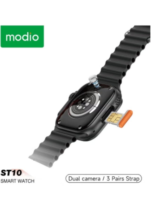 Compare ST10 Smartwatch with 2.2 Inch Display Dual Camera Sim Card Slot and 3 Pair Straps Designed for Ladies and Gents Black at KSA Price
