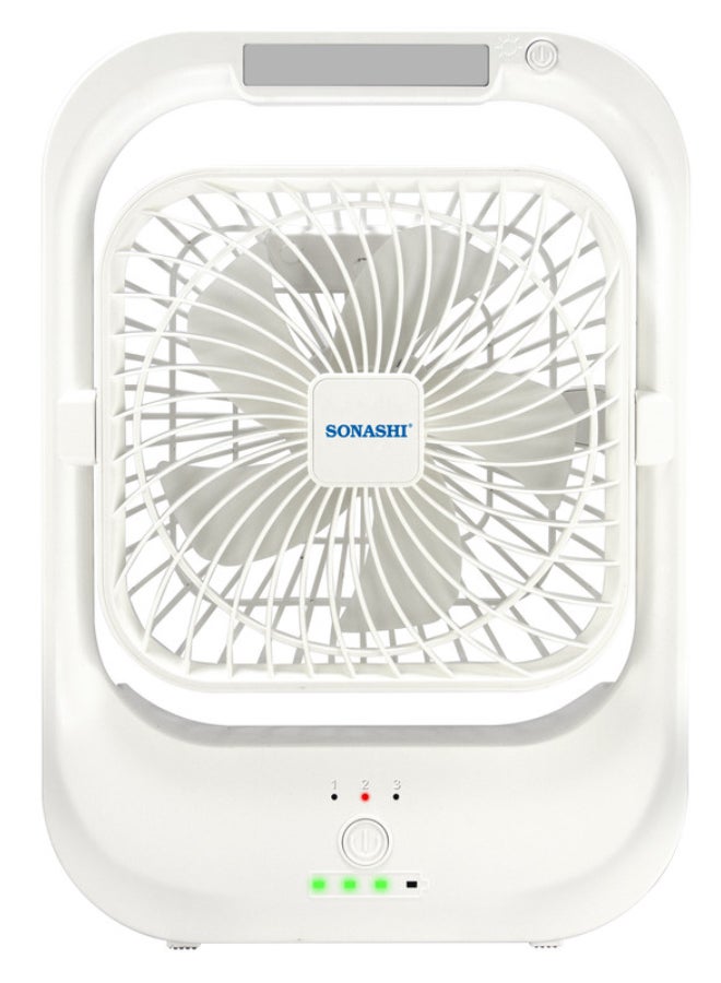 Compare 8Inch White Rechargeable Fan with 15 LED Lights | 3Speed Function, Tilting Head | Inbuilt Charger and 5V 2000mAh Lithium Battery | Up to 5 Hours Working Time | SRF803N White SRF803 White at KSA Price