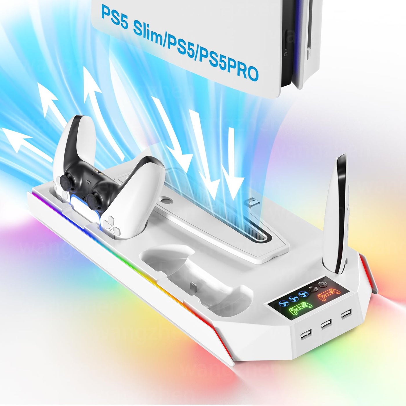Compare PS5 Cooling Station Stand RGB with Dual Controller Charging Station for PlayStation 5 Console, PS5 Accessories Incl. Controller Charger, Cooling Fan, Headset Holder, 3 USB Hub at KSA Price