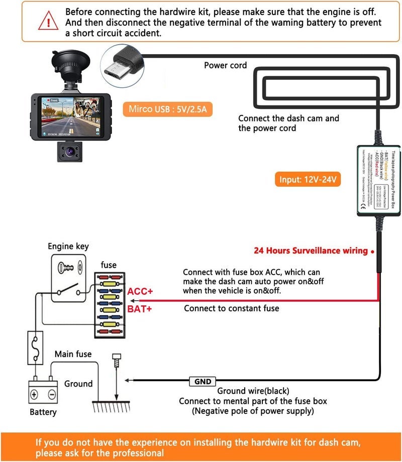 Dash Cam Hardwire Kit, Micro USB Port, DC…