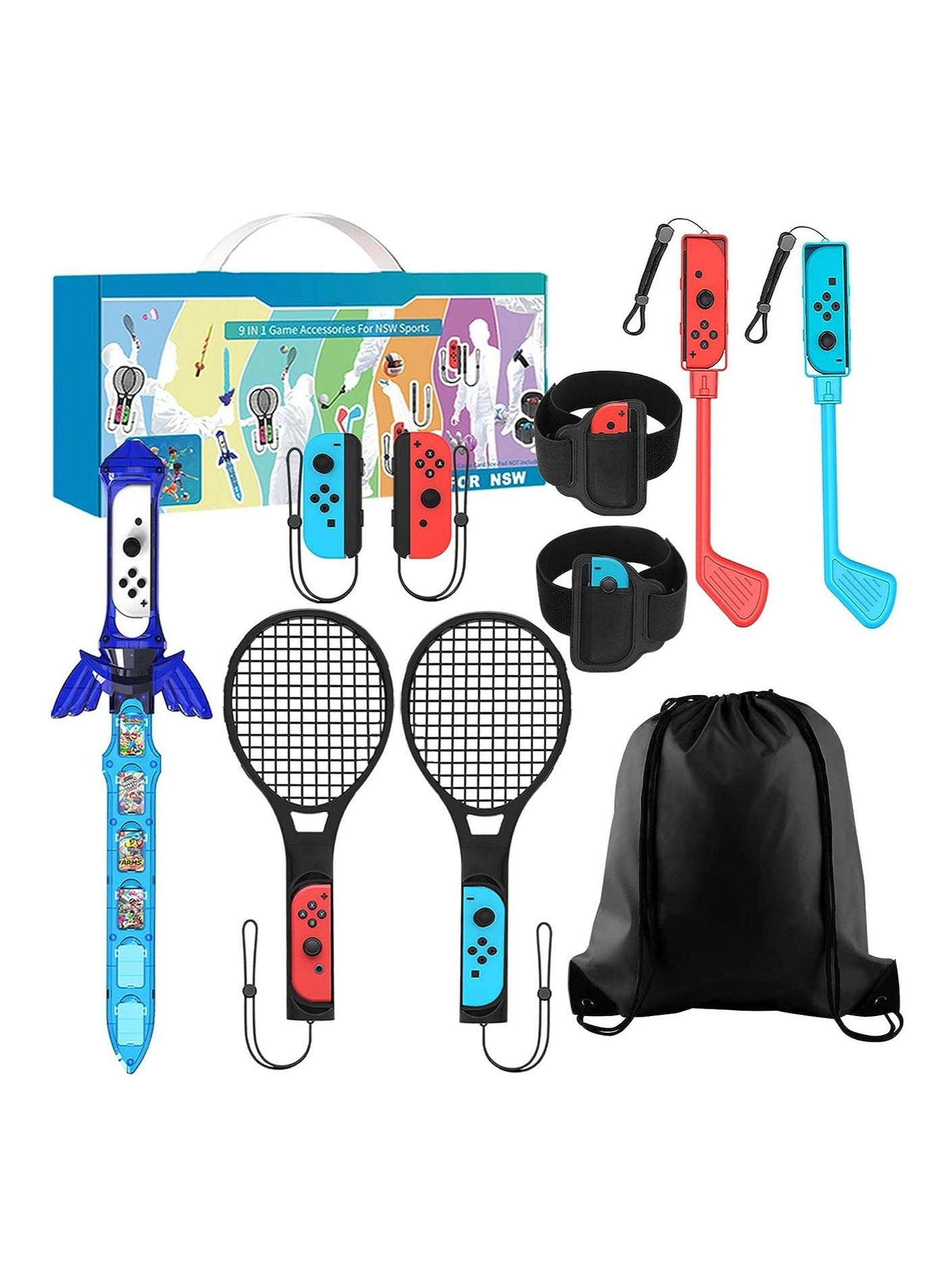 Compare 9 IN 1 Game Accessory Kits, For Switch JoyCon,  Tennis Ace Rackets +Golf Clubs for Golf+Leg Straps for Adventure and Chambara Game Sword at KSA Price