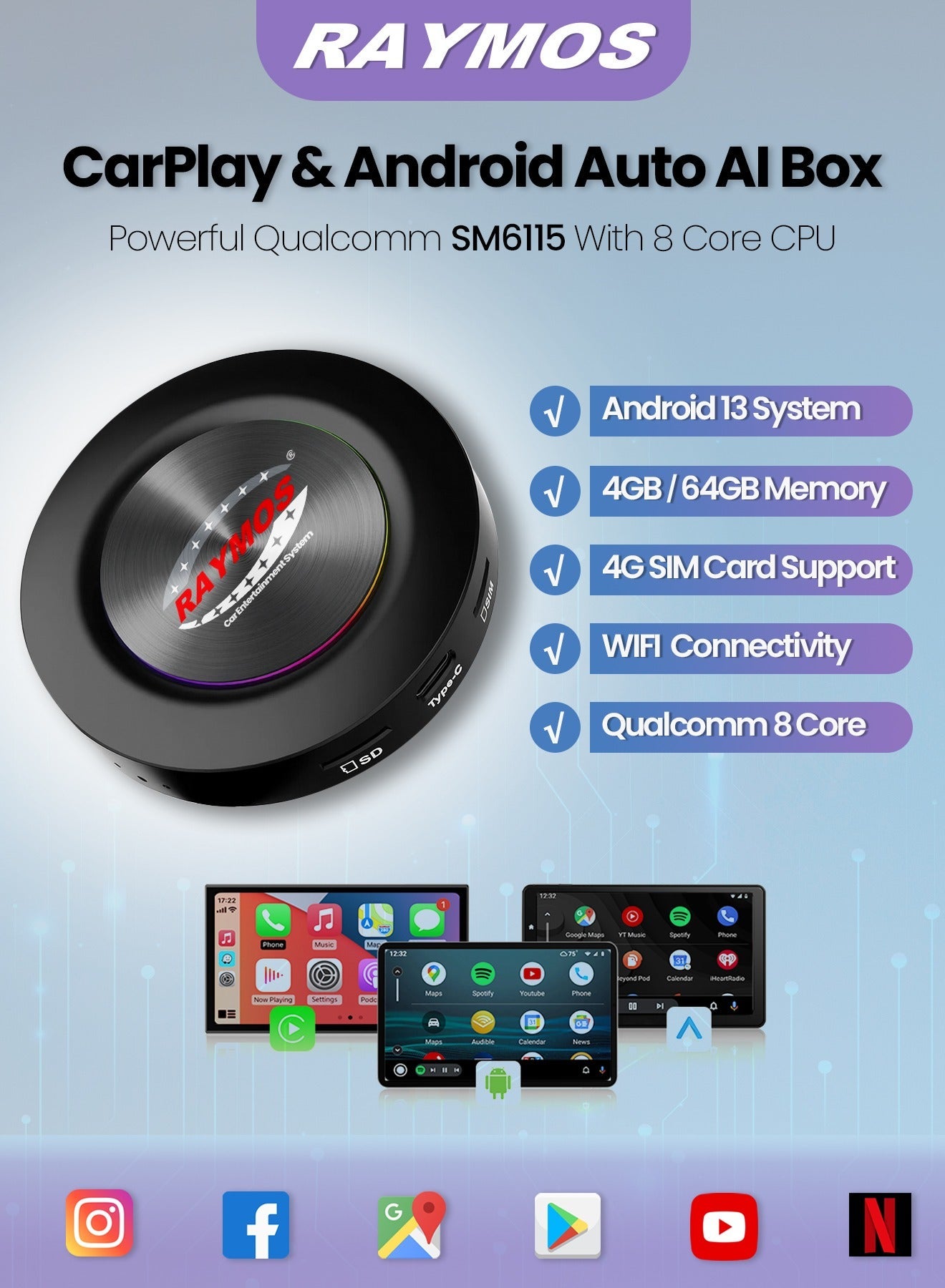 Raymos R48 AI Box Android 13 Car Multimedia – Qualcomm…