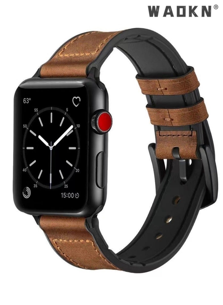 Compare Compatible pour Bracelet Apple Watch,Genuine Leather and Soft Rubber Hybrid Sweatproof Strap,Compatible with 49mm 45mm 44mm 42mm, Fits for Apple Watch Ultra 9 8 7 Series, Brown at KSA Price