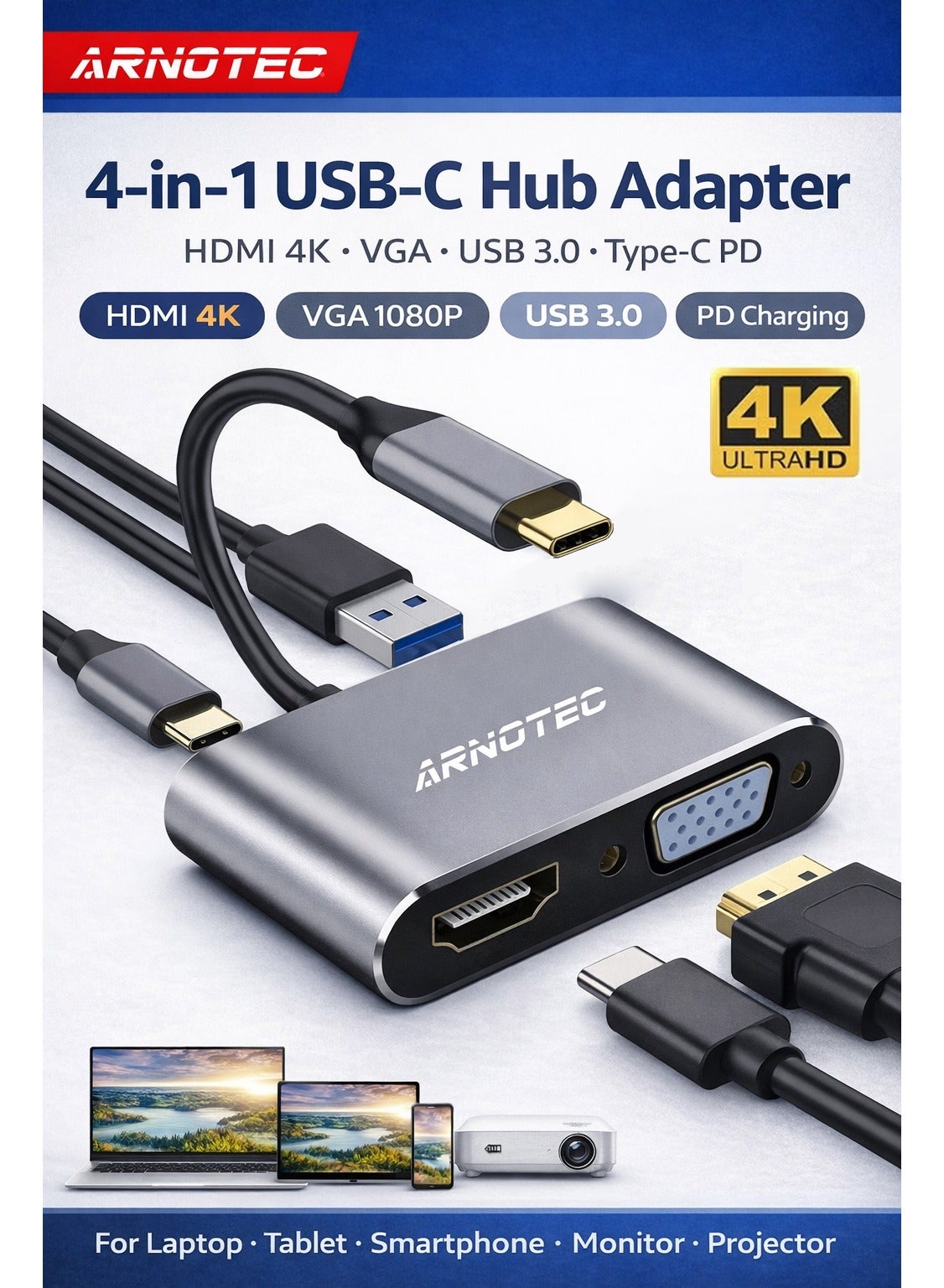 4-in-1 USB-C Hub Adapter with HDMI 4K, VGA 1080P,…