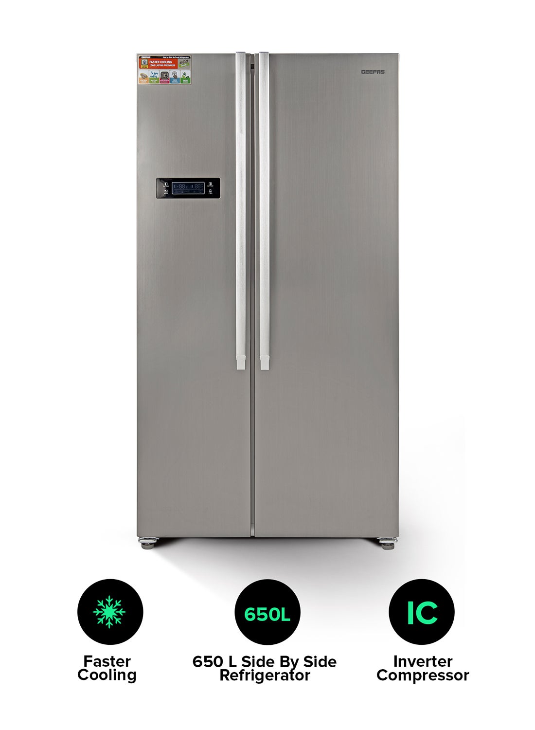 Compare 650L Gross521L Net Capacity No Frost Side By Side Refrigerator With Inverter Compressor, Tempered Glass Shelf, Twist Ice Maker, LED Lighting, Digital Control Temperature Display Freezer 177L capacity GRFS6521SXHN Silver at KSA Price