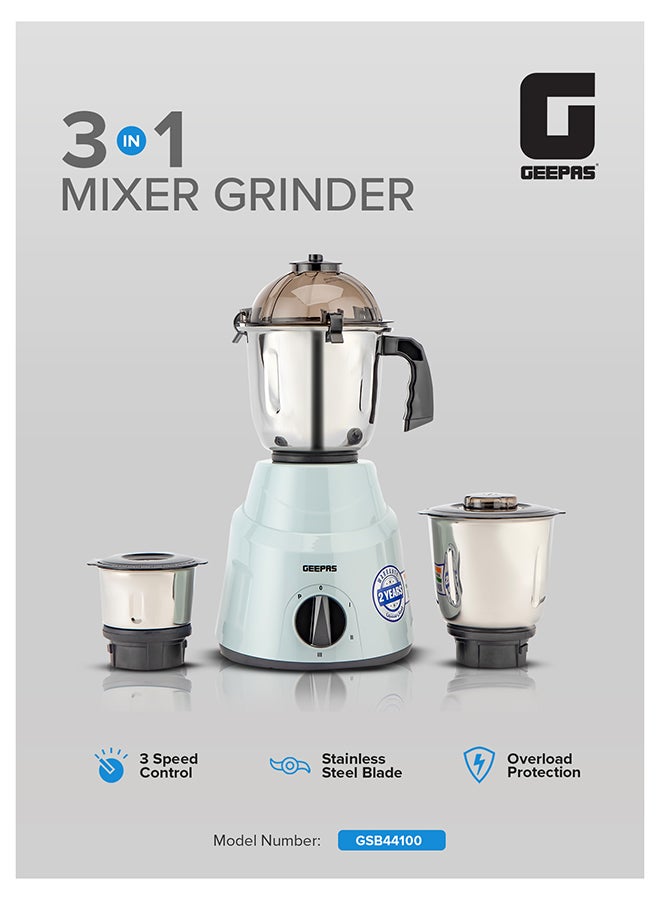 Compare 3 In 1 Mixer Grinder, Powerful Copper Motor Double Ball Bearing, 3 Speed Setting With Incher, Motor Overheat Protection Resettable Fuse, Tetra Flow Technology For Fast Grinding 3 L 800 W GSB44100 White & Silver at KSA Price