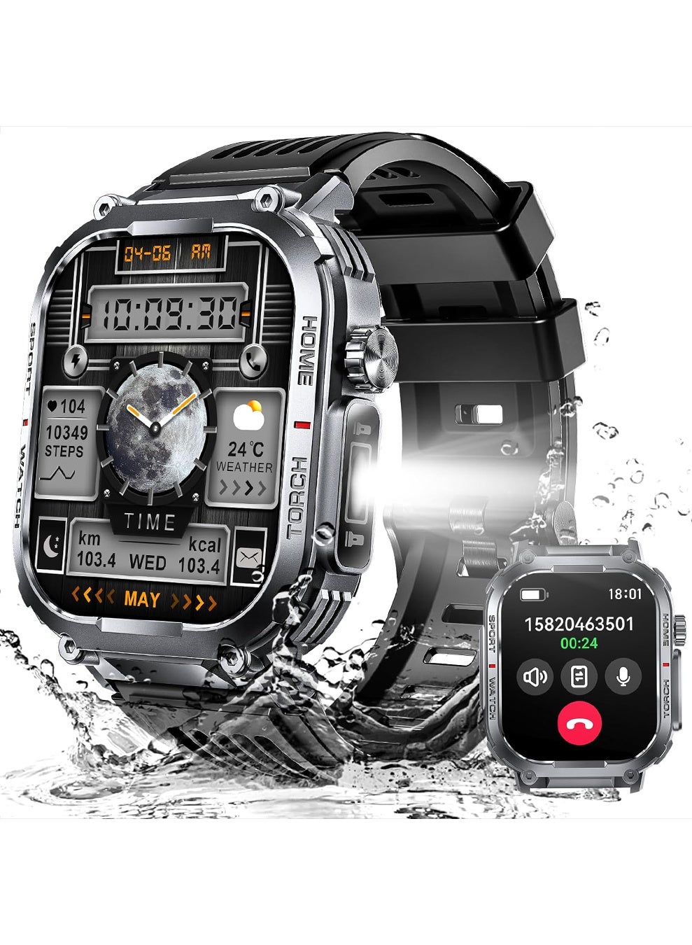 Compare Smart Watch for Men 3ATM Waterproof with CallLED Flashlight 2.02 HD Big Screen Rugged Tactical Smartwatch with Compass Fitness Tracker with HRSPO2Sleep Monitor for iPhone Android Black at KSA Price