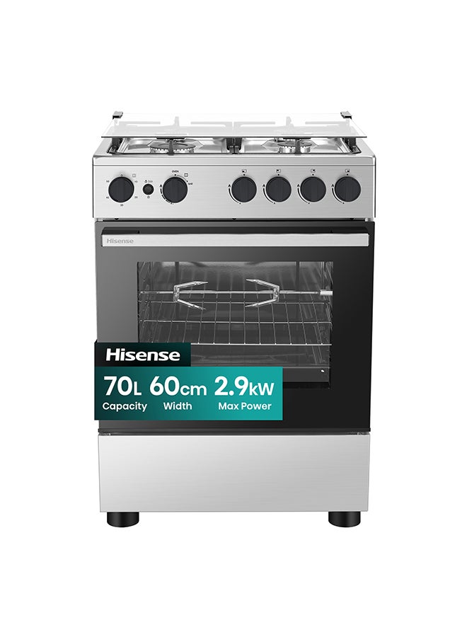 Compare Hisense 60cm Freestanding full Gas Cooker,70 Liters,Max 2.9kw,CastIron Support, Gas oven with Grill,Rotisserie, Full Safty with FFD, Mechanical Timer,Ergonomic knobs and handle, Removable full glass door,Auto Ignation, Enamel Interior,HFG60 at KSA Price