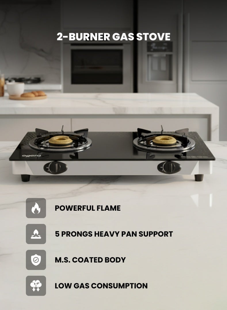 Compare 2Burner Gas Stove OG3014GC | HeavyDuty MS Coated Body | 5Prong Cast Iron Pan Support | High Flame Efficiency with Low Gas Consumption | Durable Knobs & Easy Ignition | 2Year Warranty at KSA Price