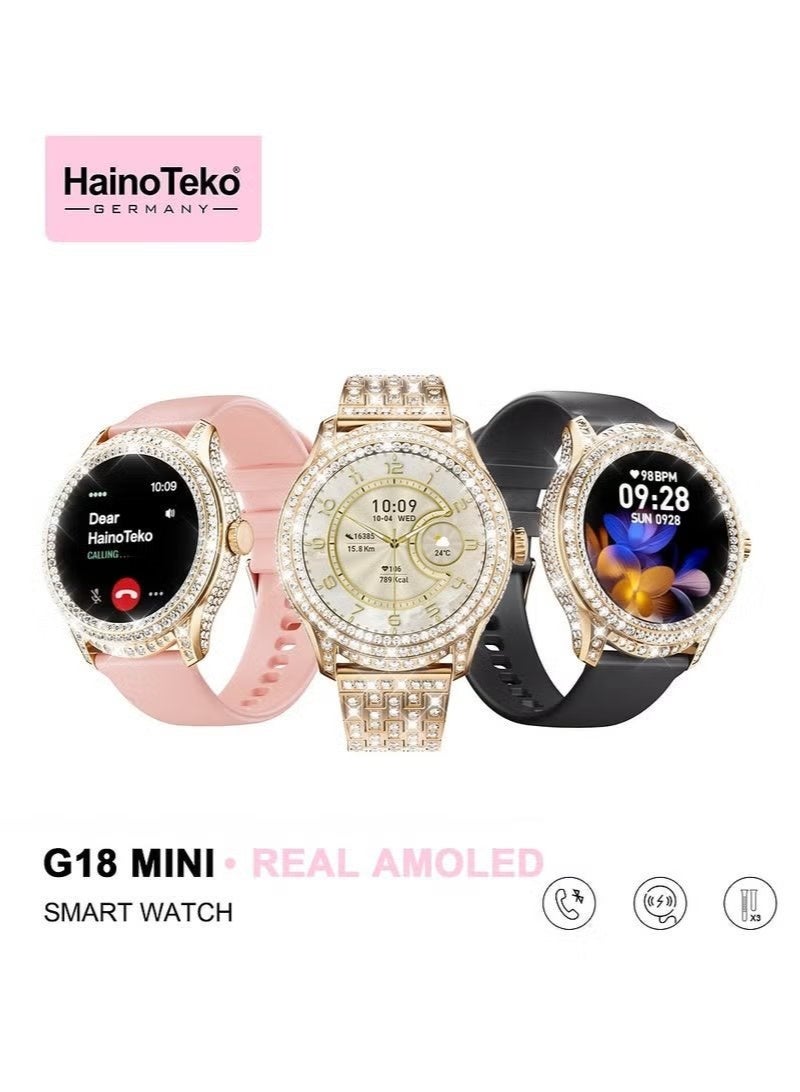 Compare G18 Mini AMOLED Smartwatch for Women Stylish Elegant Design Fitness Smart Watch Heart Rate Sleep Monitor Step Counter Multi Strap Set Touch Control with Charging Cable at KSA Price