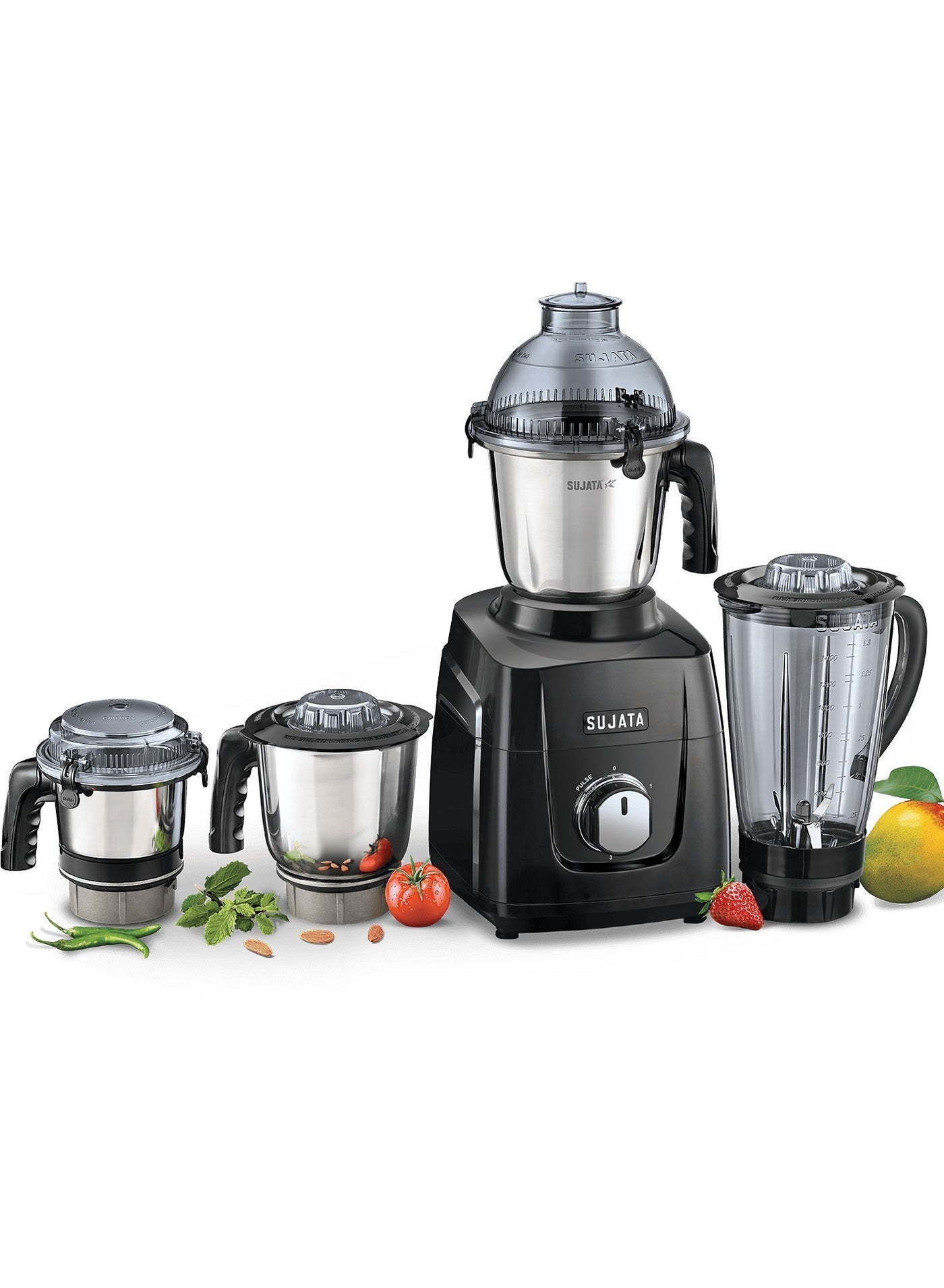 Compare Sujata MG03 Mixer Grinder|1000 Watts Double Ball Bearing Motor|25000 RPM|NonStop 90 Mins Running|4 Jars including 1750ml Blender with Coconut Milk Extractor, 1500ml, 1000ml, 500ml Jar| Black at KSA Price