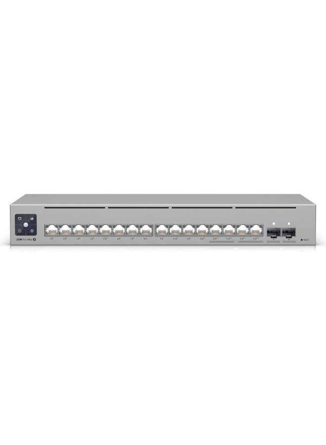 Compare Switch Pro Max 16 PoE Switch, 84 Gbps Switching Capacity, 64.496 Mpps Forwarding Rate, 1.3 Touch Display, 180W Total PoE Available, Ethernet InBand, USWProMax16PoE 180W Grey at KSA Price