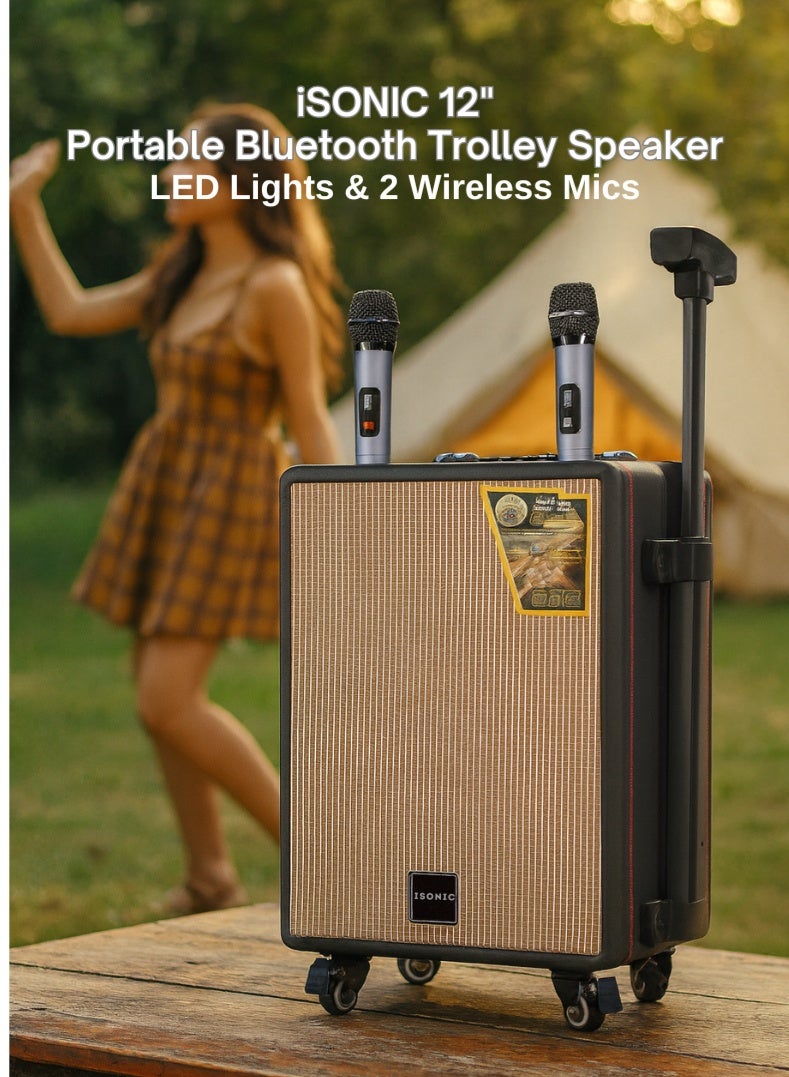 Compare IS482 Portable Bluetooth Trolley Speaker with 25,000 PMPO Output, LED Party Lights, Dual Wireless Microphones & Remote Control – Rechargeable HighPower Party Speaker for Indoor & Outdoor Entertainment at KSA Price