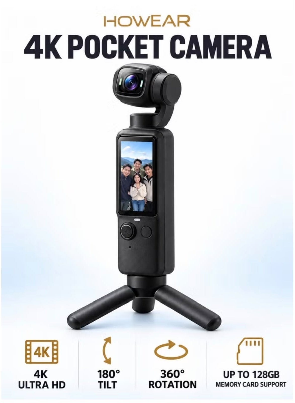 Compare 4K HD Handheld Portable Sports Camera with 180° Rotating Gimbal and 2.0inch Screen, Includes Tripod at KSA Price