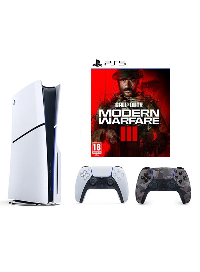 Compare PlayStation 5 Slim Disc Console with Extra Grey Camouflage Controller and Call of Duty: Modern Warfare III Bundle at KSA Price