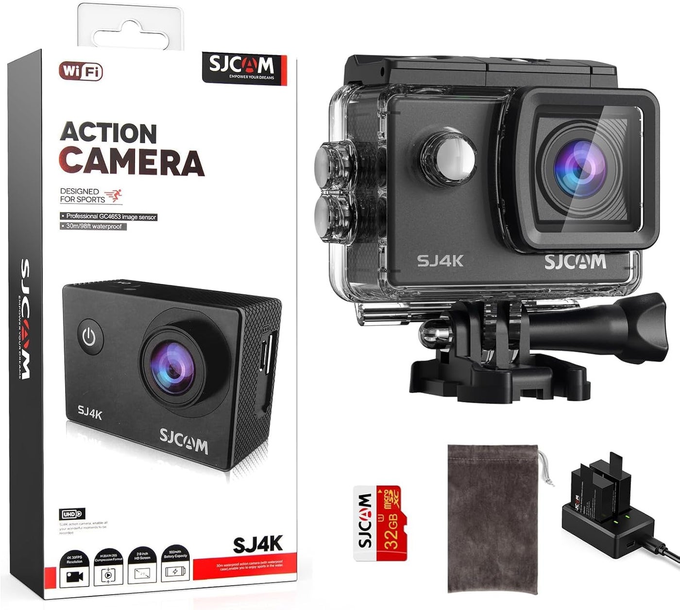 Compare SJCAM SJ4000 ProGrade 4K Action Camera, 40MP 3Axis EIS Stabilization Motorcycle Sport Camera, 170Â°FOV Waterproof Camera Underwater, 5X Zoom, Dual Batteries, 32G SD Card and Helmet Accessory Kit at KSA Price
