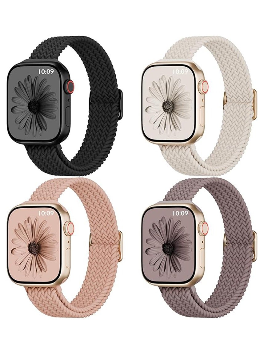 Compare 4 Pack Slim Braided Stretchy Bands Compatible with Apple Watch Series 12, 11, 10, 9, 8, 7, 6, SE, 5, 4, 3, 2 & 1 |38mm 40mm 41mm 42mm | Nylon Elastic Solo Loop Strap for Women Men at KSA Price
