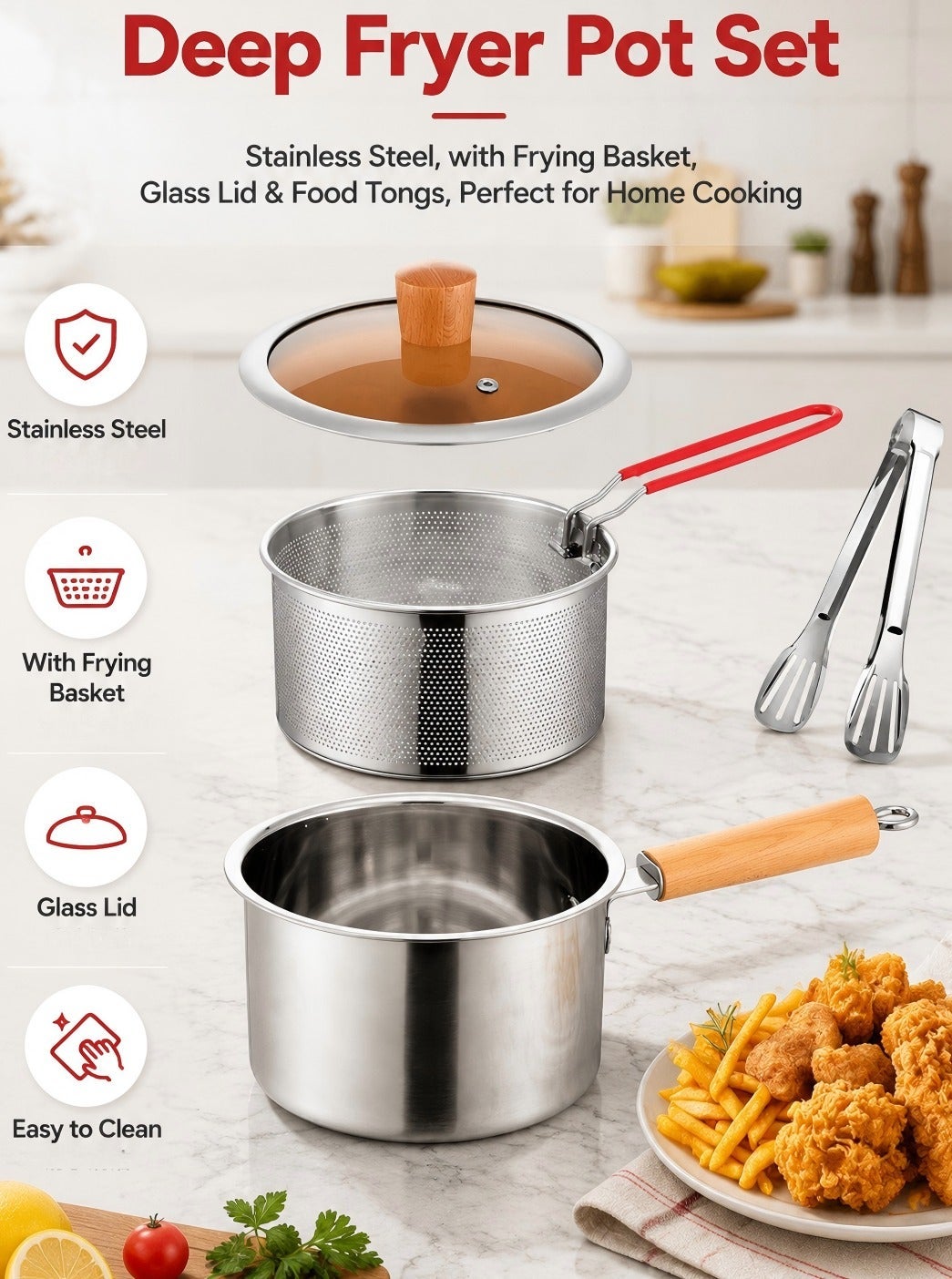 Compare 304 Stainless Steel Deep Fryer Pot 2.5L  NonElectric Stove Top Frying Pot with Basket, Lid & Wooden Handle, OilSaving Compact Fryer for Chicken, Fries, Sambosa, Shrimp, Kitchen & Camping at KSA Price