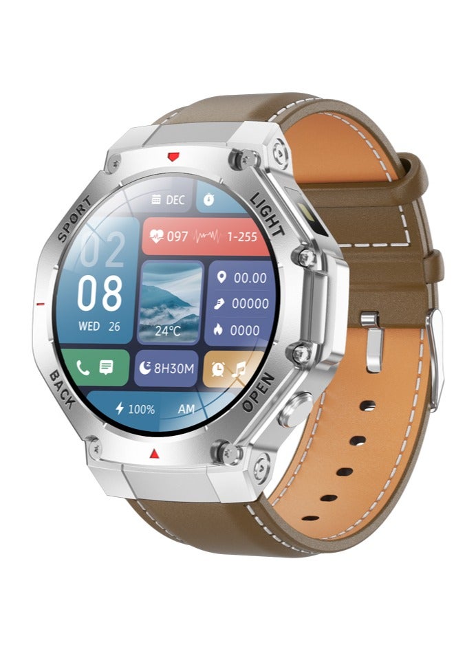 Compare Mens Smart Sports Fitness PU Leather Waterproof Watch Realtime Information Push Health Monitoring Multiple Sports Modes Bluetooth Call Compass Navigation TR3MAX Silver Brown at KSA Price