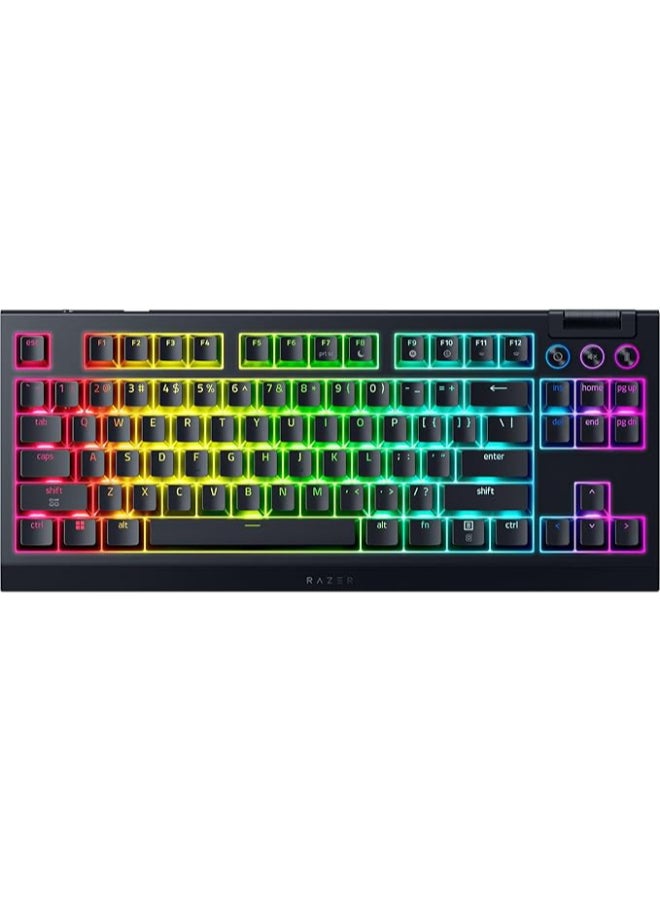 Compare Razer BlackWidow V4 Tenkeyless HyperSpeed Wireless Mechanical Gaming Keyboard, TKL, HotSwappable Switches, Orange Mechanical Switch, PerKey RGB Chroma Lighting, 2.4GHz HyperSpeed + Bluetooth, USBC, Compact Gaming Keyboard | RZ0305480100R3M1 at KSA Price