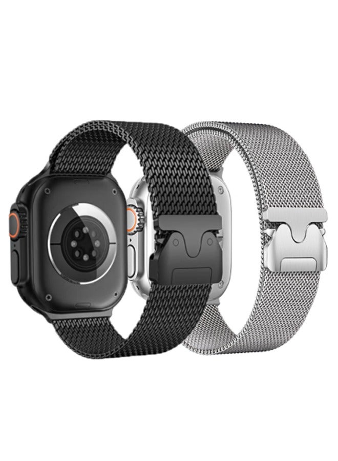 Compare 2pcs Milanese Mesh Loop Compatible  Bands with Apple Watch Bands 49mm 46mm 45mm 44mm 42mm for Men Women, Stainless Steel Mesh Loop with Parachutestyle Buckle at KSA Price