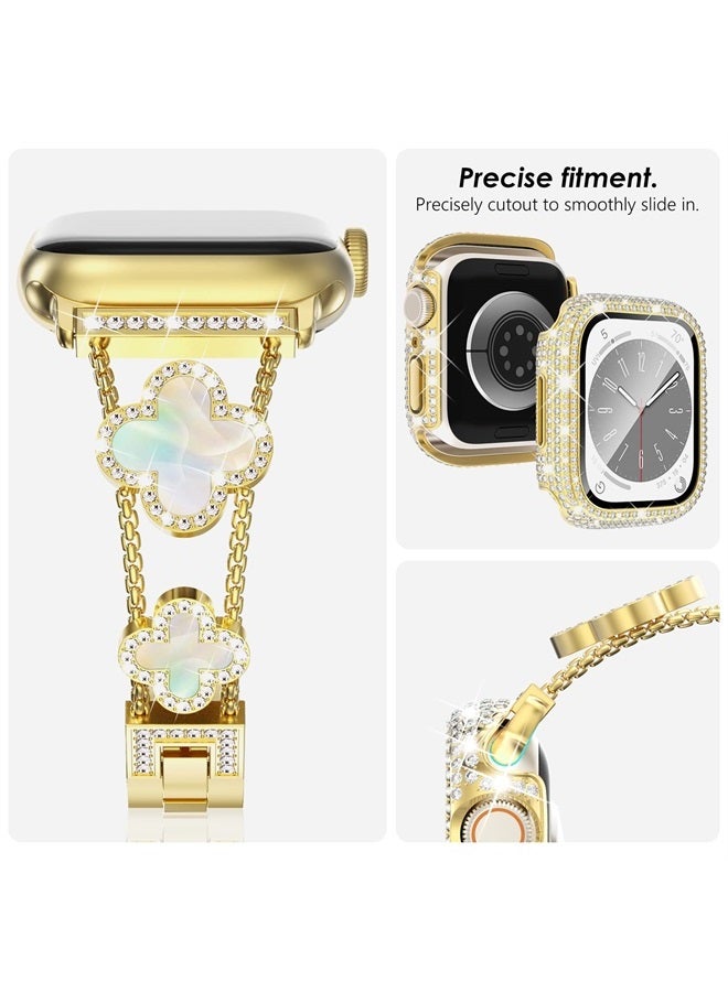 Compare FourLeaf Clover Band for Apple Watch Band 41mm with Full Diamond Protective Case Builtin Tempered Glass Screen Protector for Gold Apple Band Series 8 7 for Women41mm, GoldIridescent at KSA Price