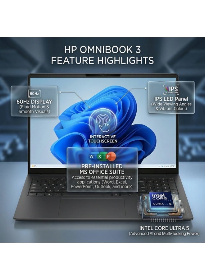 Compare OmniBook 3 16bu0305dx 2K Touchscreen Laptop | Intel Core Ultra 5 225U | 8GB DDR5 RAM | 1TB PCIe Gen4 SSD | 16 WUXGA IPS LED Display | Intel Graphics | Windows 11 Home | MS Office | English Mica Silver at KSA Price