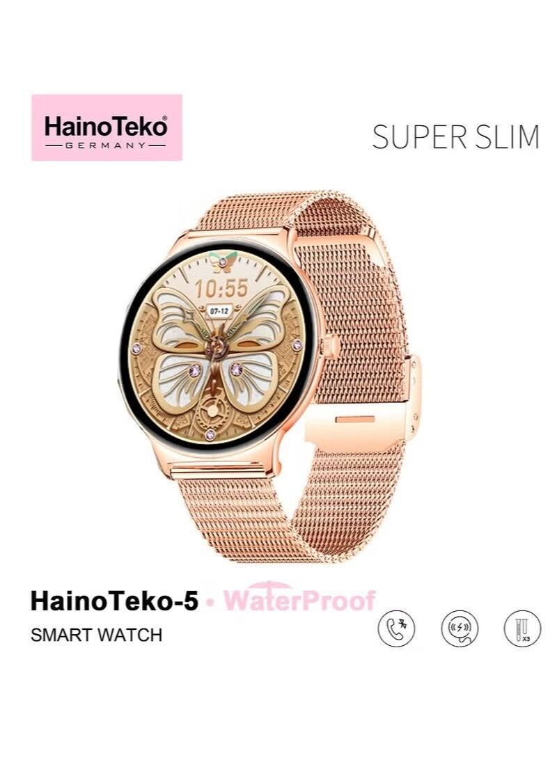 Compare Super Slim Ladies Smart Watch – Round AMOLED Display, Waterproof, AI Voice Assistant, Fitness & Sleep Tracking, Heart Rate Monitor, 3 Interchangeable Gold Straps at KSA Price