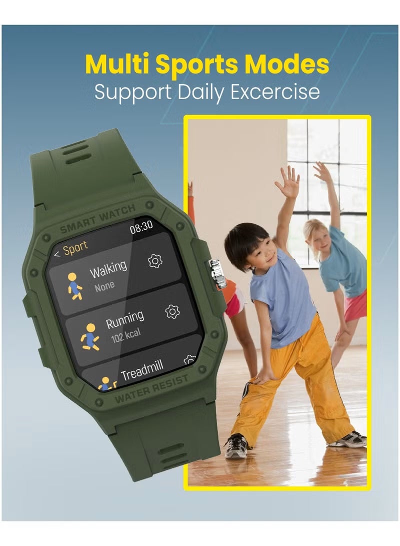 Compare Moxedo Junior Smartwatch 1.7 HD Display Bluetooth Calling 22 Sports Modes IP67 Waterproof with Games for Kids  Army Green at KSA Price
