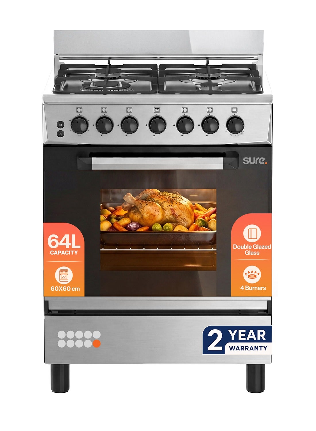 Compare SURE 60x55cm 4 Burner Freestanding Gas Cooker with 64L Gas Oven, Cast Iron Pan Supports, Thermostat Control, Double Glazed Oven Door, Full Safety Features, Inox Finish  GCF60 4 GCF60 Inox Finish at KSA Price
