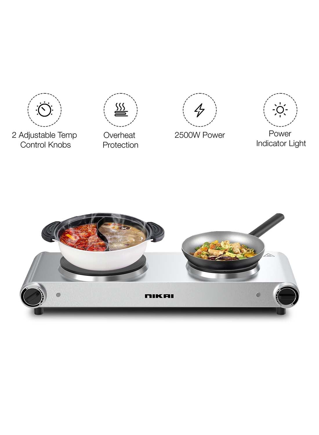Compare Double Hot Plate  Twin Cooktop, 2 Power, Adjustable Thermostat, Overheat Protection, Die Cast Iron Hotplates, Stainless Steel Body, Easy Control, Power Indicator Light 2500 W NKTOE5N2 SilverBlack at KSA Price