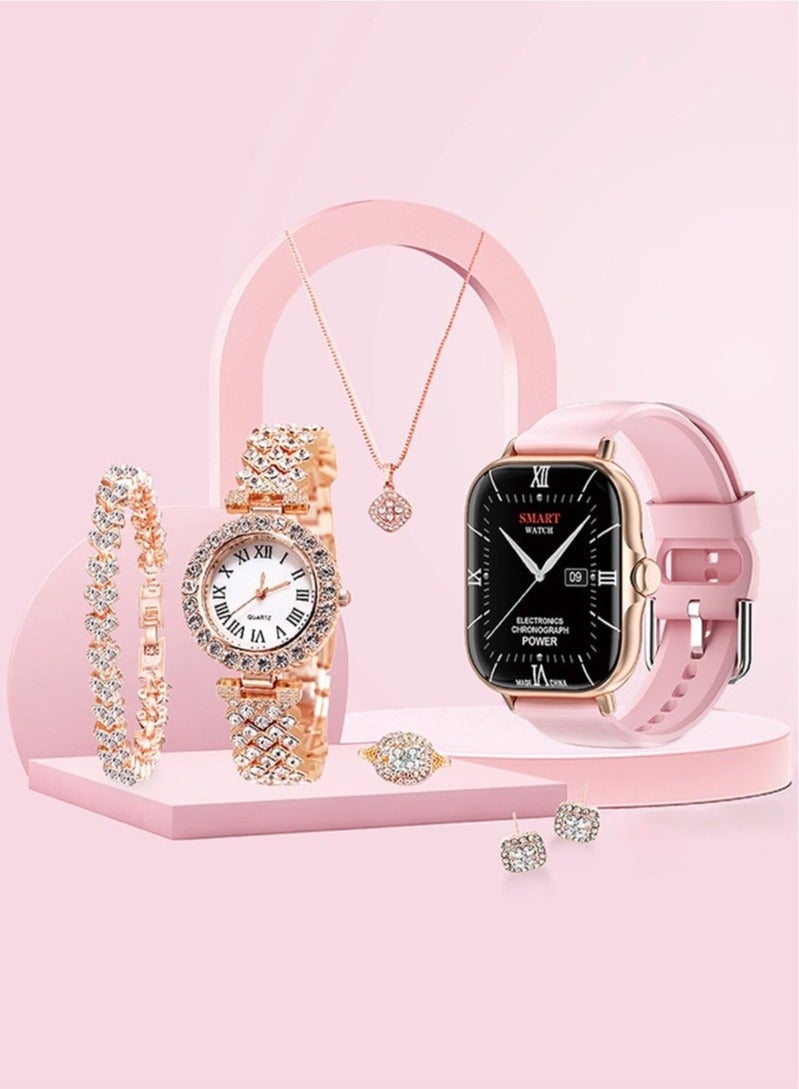 Compare 7 in 1 Ultra Watch Series 9 Smart Watch for Women and Golden Mechanical Watch with Silicon Band and 1 Golden Bracelet and 1 Pendant and 1 pair of Stud Earrings and ring at KSA Price