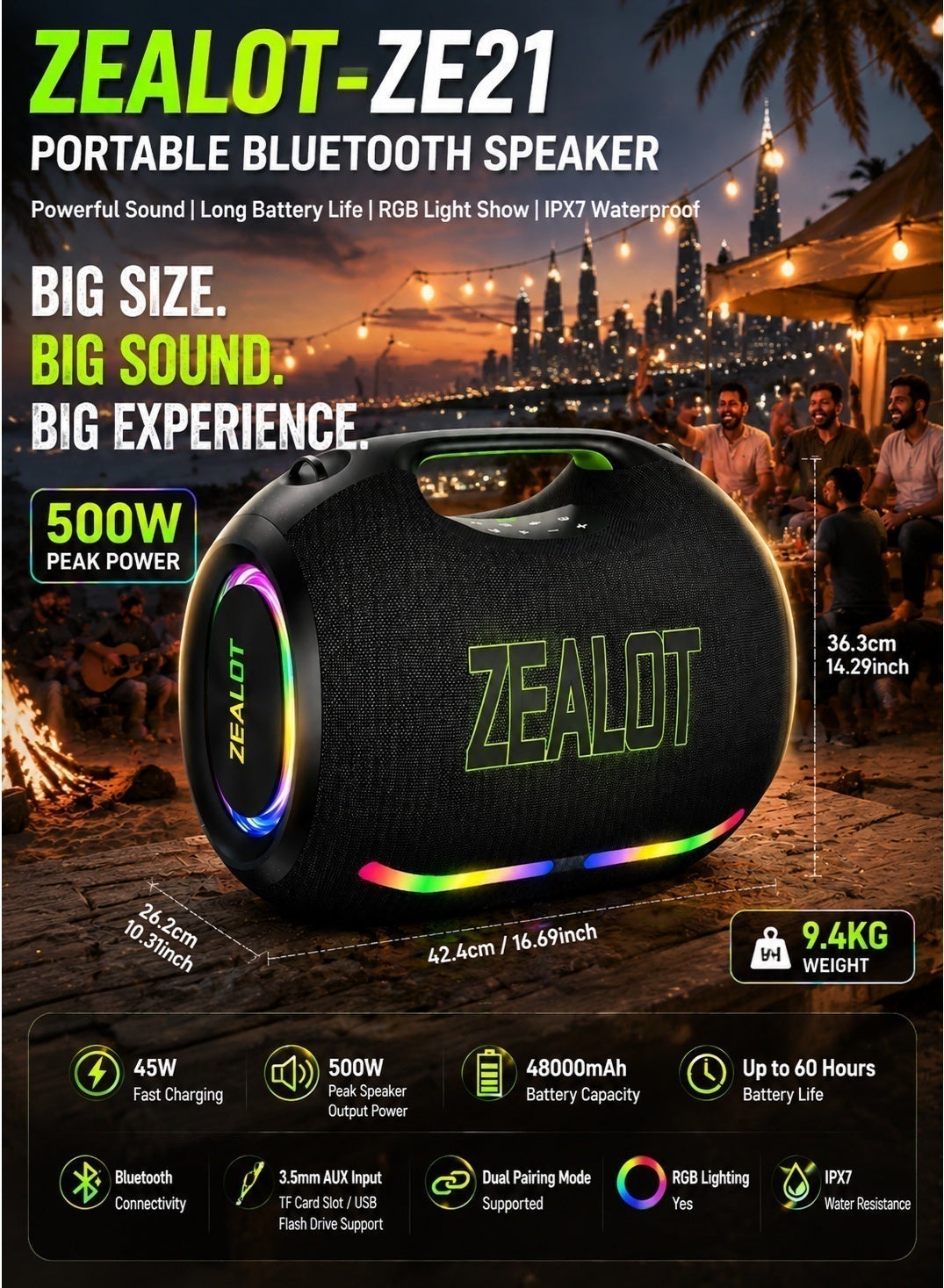 Compare ZEALOT ZE21 Portable Bluetooth Speaker 500W Peak Powerful Deep Bass Stereo Wireless 48000mAh Battery Up to 60H Playtime IPX7 Waterproof 45W Fast Charging RGB Lights TWS for Outdoor Home Party at KSA Price