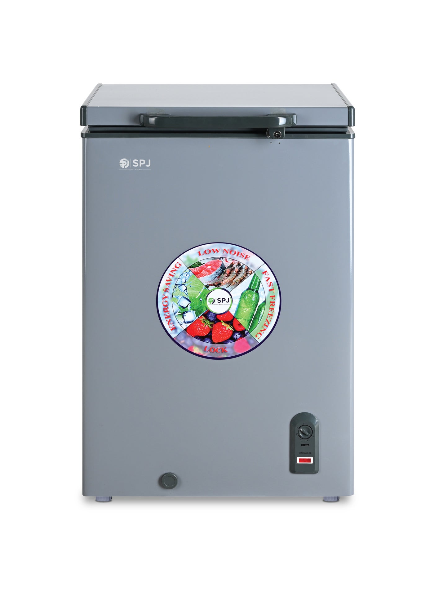 Compare SPJ 100 Litres Chest Freezer, Hard Top Single Door Chest Freezer, White Smooth Inner, Inside Sliding Door, Powerful Compressor, For Home & Restaurants, Color  GREY, POSHSLW130C at KSA Price