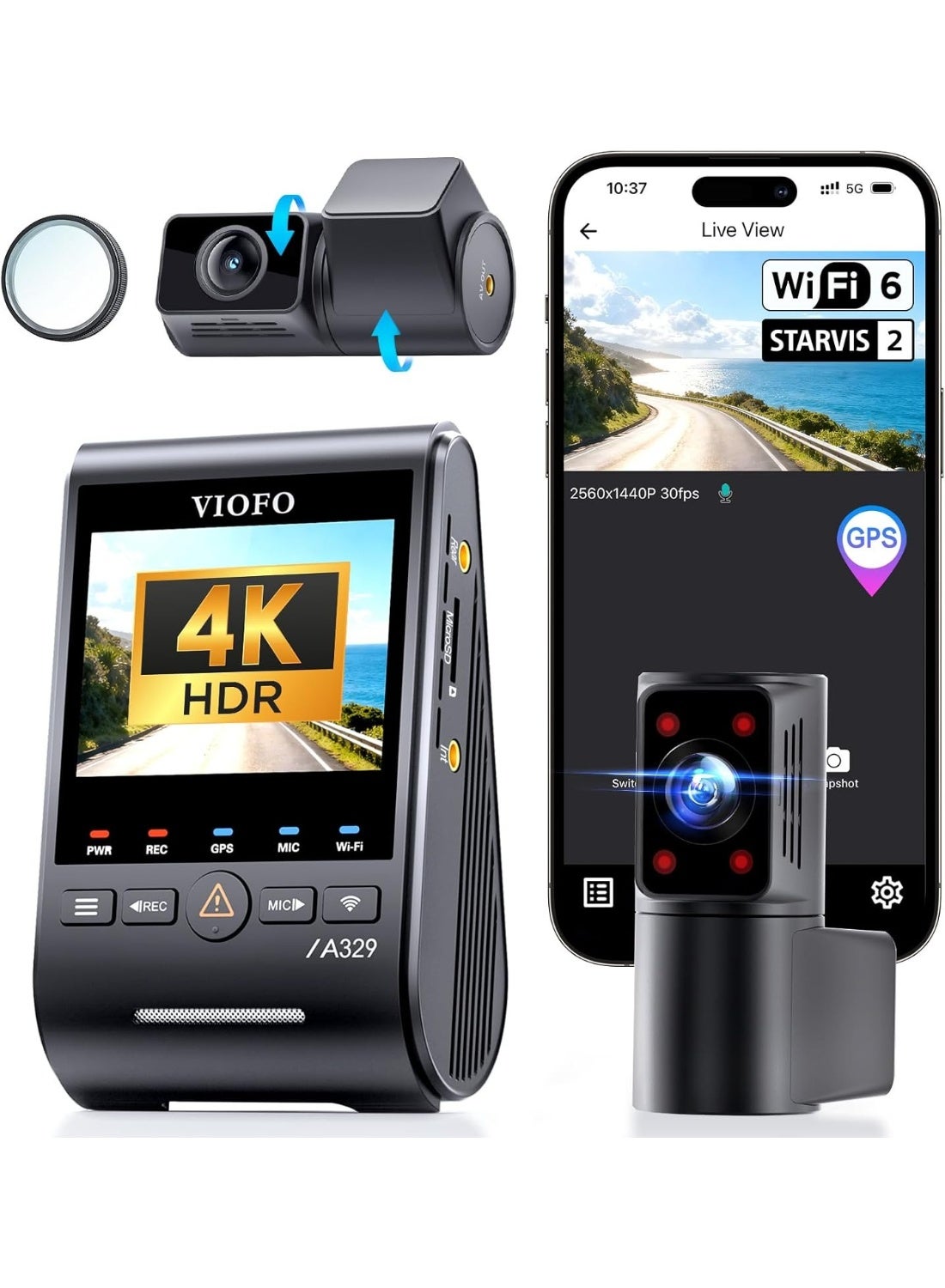 Compare A329S Dash Camera for Car 4K with GPS – Sony STARVIS 2 Dash Cam, Front 4K, Rear & Interior Camera, WiFi 6, 247 Parking Mode Car Dash Cam at KSA Price
