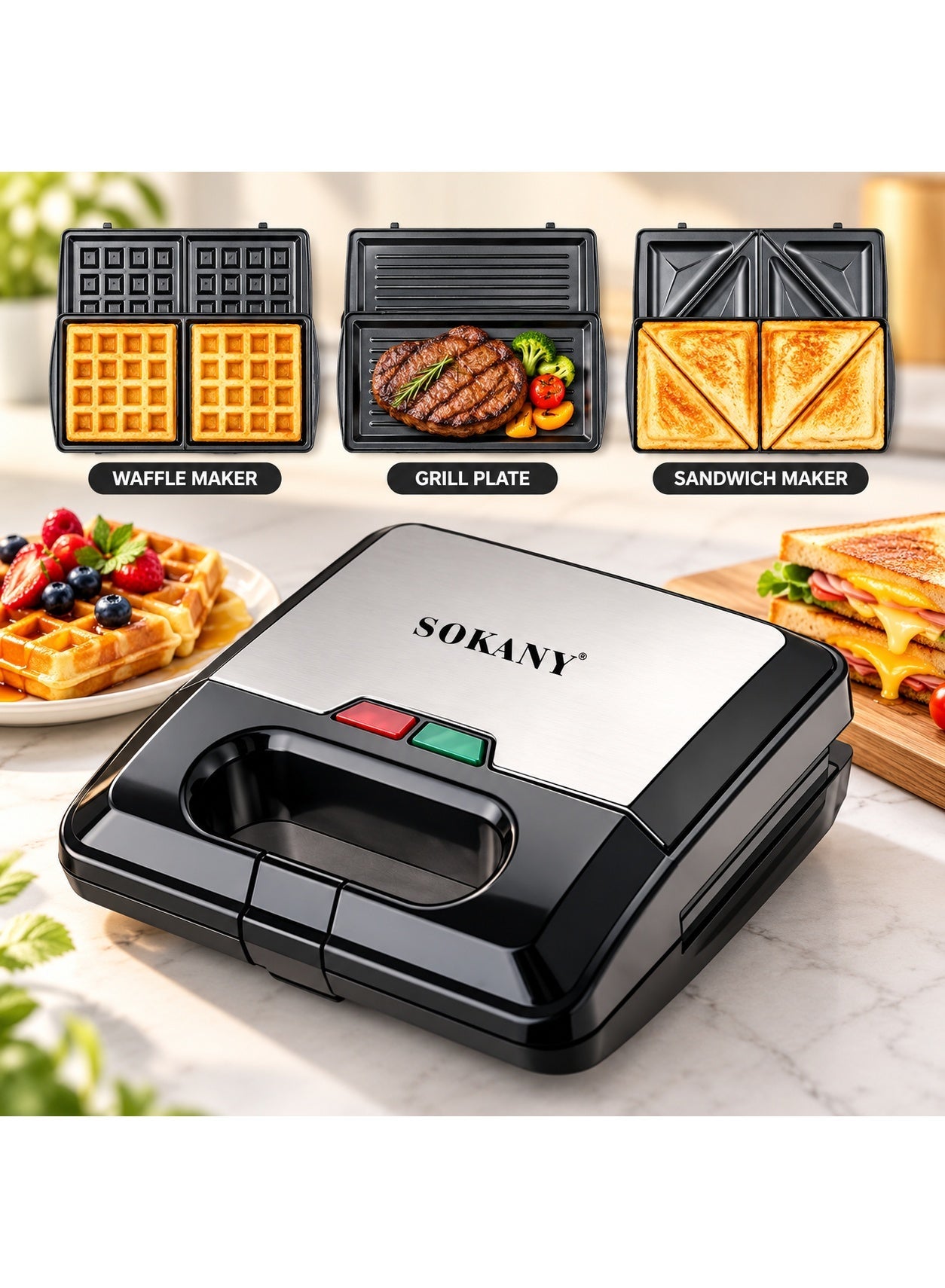 3-in-1 Sandwich Maker & Grill 750W – Non-Stick Coating…
