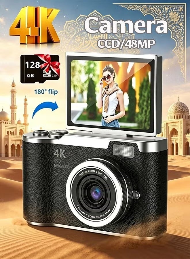 Compare 4k CCD Digital Zoom Student Digital Camera 48MP Portable Digital Photography Camera 180° Flip Screen Selfie Camera，with 128GB SD card at KSA Price