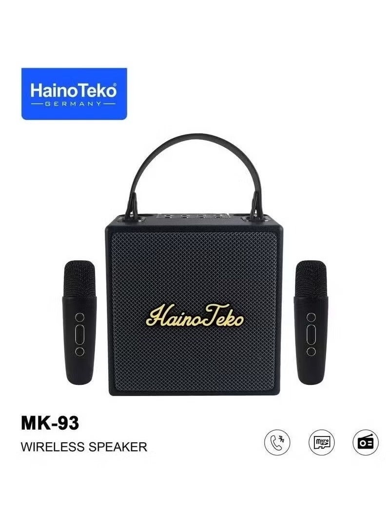 Compare MK93 SplashProof Portable Bluetooth Speaker with Dual Wireless Mics – Deep Bass, Clear Sound, and Waterproof Design – Perfect for Parties, Outdoor Gatherings, and Indoor Use – Sleek Black Finish at KSA Price