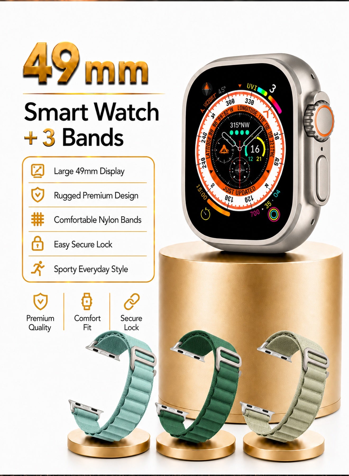 Compare 49mm Sports Smart Watch Set with 3 Interchangeable Alpine Bands at KSA Price